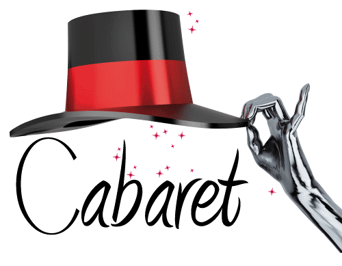 A black hat with red ribbon and the word cabaret written in white.