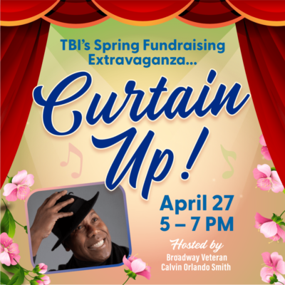 Flyer for spring fundraiser with Calvin Orlando Smith smiling photo and red theater curtains plus the text "Curtain Up!"